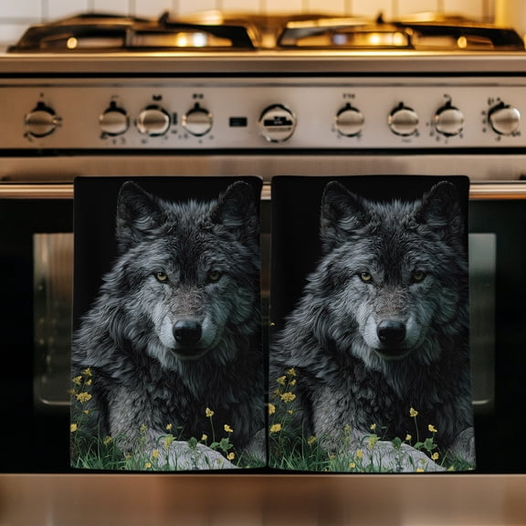 Black Gray Wolf Kitchen Towels Set of 1, Wildflowers Animal Wilderness Absorbent Dish Towels for Kitchen, Microfiber Hand Towel, Quick Drying Tea Towel for Cleaning Decorative Dishcloths