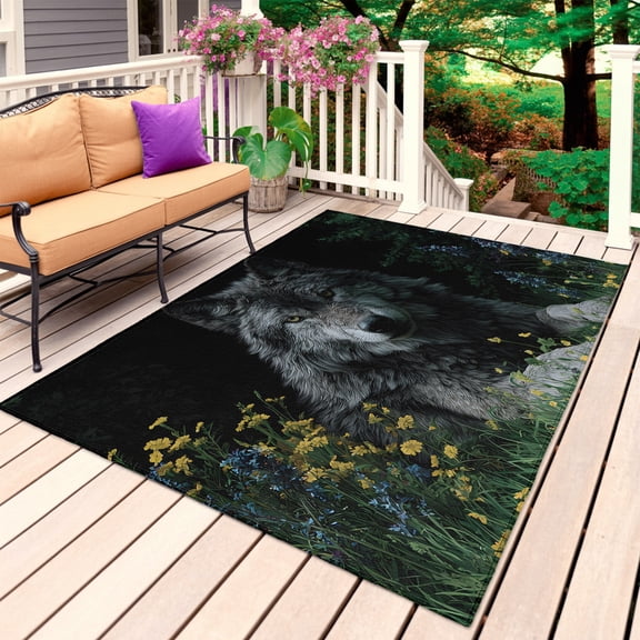 Black Gray Wolf Outdoor Rug for Patio/Deck/Porch, Non-Slip Large Area Rug 3 x 5 Ft, Wildflowers Animal Wilderness Indoor Outdoor Rugs Washable Area Rugs, Reversible Camping Rug Carpet Runner