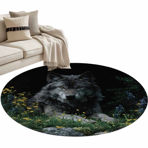 Black Gray Wolf Round Rug 3.3ft Washable Circle Entryway Rugs Non Slip Wildflowers Animal Wilderness Area Rug Indoor Floor Carpet for Bedroom Kitchen Living Room Home Office Dining Room Nursery