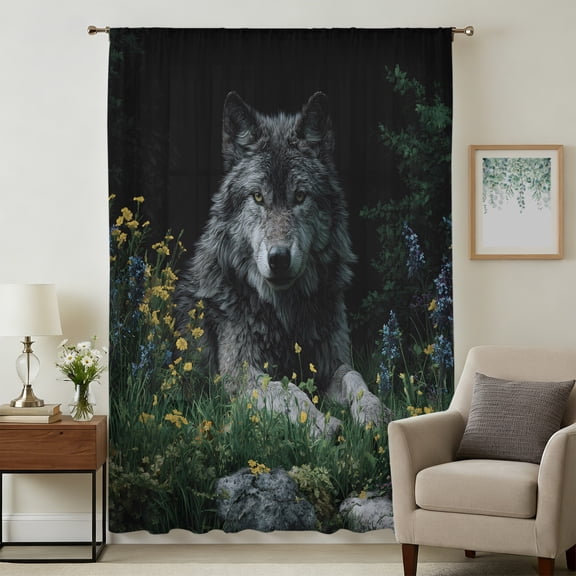 Black Gray Wolf Sheer Curtains 45 Inches Long for Bedroom, Wildflowers Animal Wilderness Light Filtering Privacy Drapes, Breathable Semi Sheer Short Window Treatment for Kitchen Cafe Bathroom