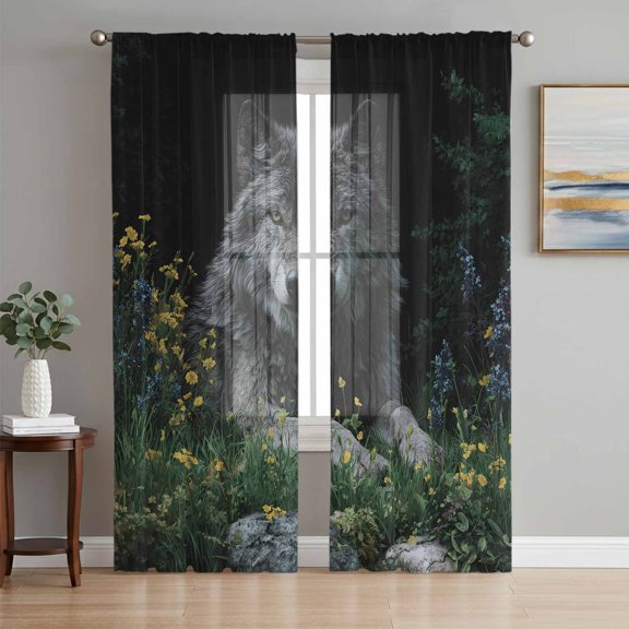 Black Gray Wolf Sheer Curtains 84 Inch Length 2 Panels Set, Wildflowers Animal Wilderness Voile Window Treatment Rod Pocket Curtains Sheers Drapes for Bedroom/Living Room/Kitchen 52"x84"x2