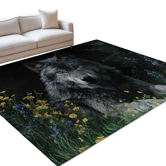 Black Gray Wolf Washable Rug 9x12 Area Rug for Living Room Bedroom Non Slip Indoor Floor Rectangle Carpet Soft Low Pile Large Wildflowers Animal Wilderness Entryway Rugs for Dining Room Office Home