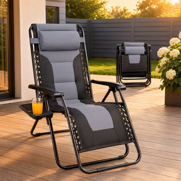 BlackGray Zero Gravity Chair, 400 lbs HeavyDuty Foldable Patio Recliner with Pillow & Cup Holder for Backyard Camping