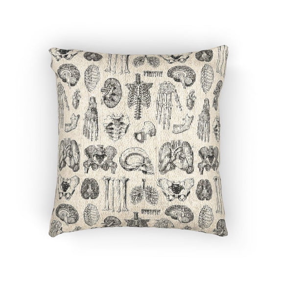 Black, Gray and Ivory Vintage Anatomical Organs and Bones Decorative Woven Pillow, Cotton-Polyester Shell