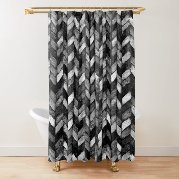 Black Gray and White Interlaced Leaf Chevron Shower Curtain, 100% Polyester, Monochrome Bathroom Decor