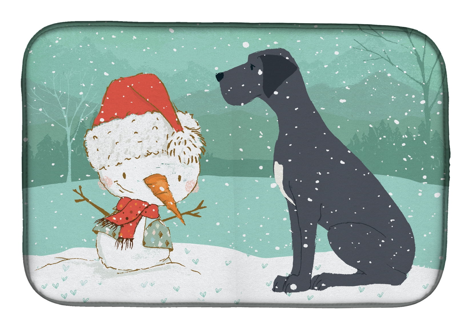Black Great Dane and Snowman Christmas Dish Drying Mat