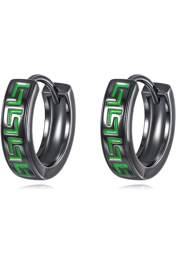 Black Greek Key Hoop Huggie Earrings Sterling Silver Greek Jewelry Gift for Men