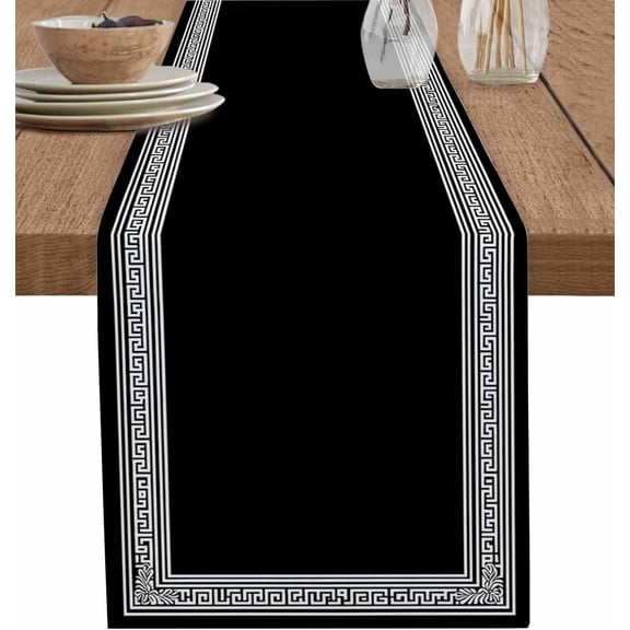 Black Greek Key Short Table Runners 48 Inches, Cotton Linen Fabric Table Runner Dresser Scarf, Geometric Greece Ancient Meander Fret Tablerunner for Party/Kitchen/Dinner/Wedding Decor 13''''x48''''