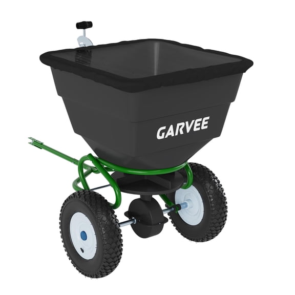 Black & Green 110 LBS Tow-Behind Broadcast Spreader, Adjustable Flow with Universal Hitch and Hopper Cover, Pull Behind Spreader for ATV UTV Tractors, Fertilizer, Grass Seed & Ice Melt