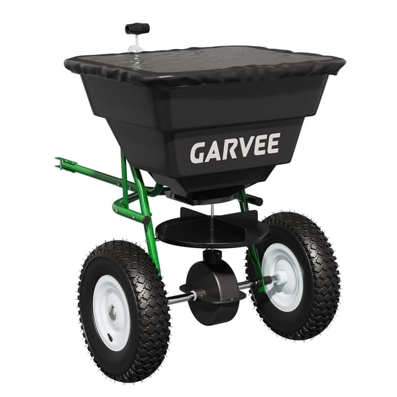Black & Green 85 LBS Tow-Behind Broadcast Spreader, Adjustable Flow with Universal Hitch & Hopper Cover, Pull Spreader for ATV, UTV & Lawn Tractor, Fertilizer, Grass Seed & Ice Melt