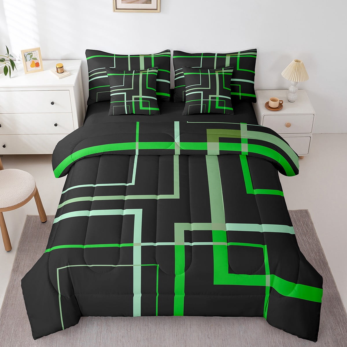 Black and Green Bedding Queen 7pcs Abstract Mid Century Comforter Set ...