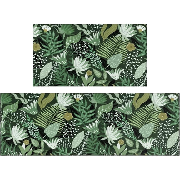 Black Green Botanical Kitchen Rugs and Mats Set of 2, Plant Leaf Floral Spring Summer Farmhouse Non-Skid Washable for Kitchen Floor Sink Mats Decor and Accessories 17"x30"+17"x47"