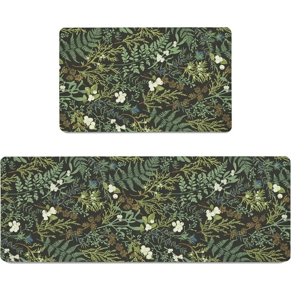 Black Green Botanical Kitchen Rugs Set of 2 Plant Leaf Anti-Fatigue Kitchen Mat Natural Comfort Standing Waterproof PVC Mats 2/5" Thick Leather Carpet for Laundry Office Sink(17.3" x28" + 17.3" x 47")