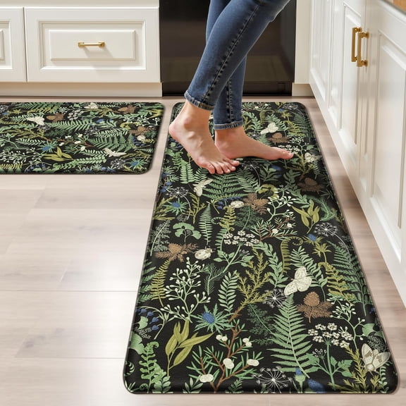 Black Green Botanical Kitchen Rugs Set of 2 Plant Leaf Anti-Fatigue Kitchen Mat Natural Comfort Standing Waterproof PVC Mats 2/5" Thick Leather Carpet for Laundry Office Sink(17.3" x28" + 17.3" x 47"