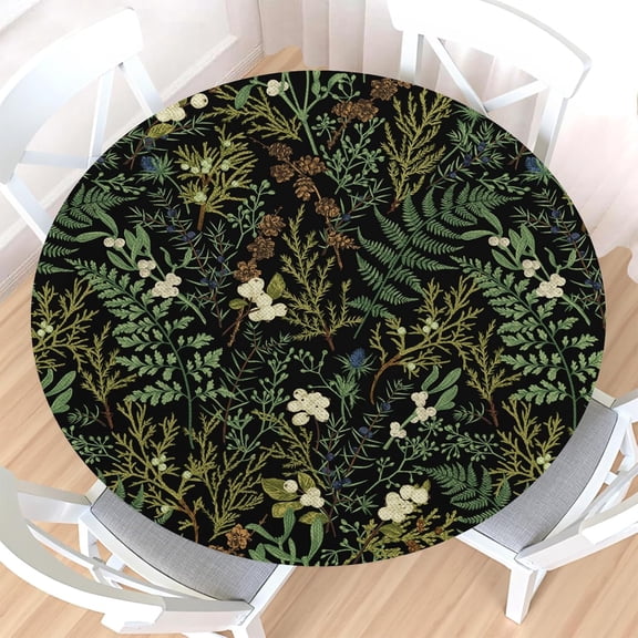 Black Green Botanical Round Fitted Tablecloth with Elastic Edge,Waterproof Spring Summer Vintage Plant Fern Leaf Floral Table Cover for 48-52" Stretch Table Cloth for Dinner Indoor Outdoor Party