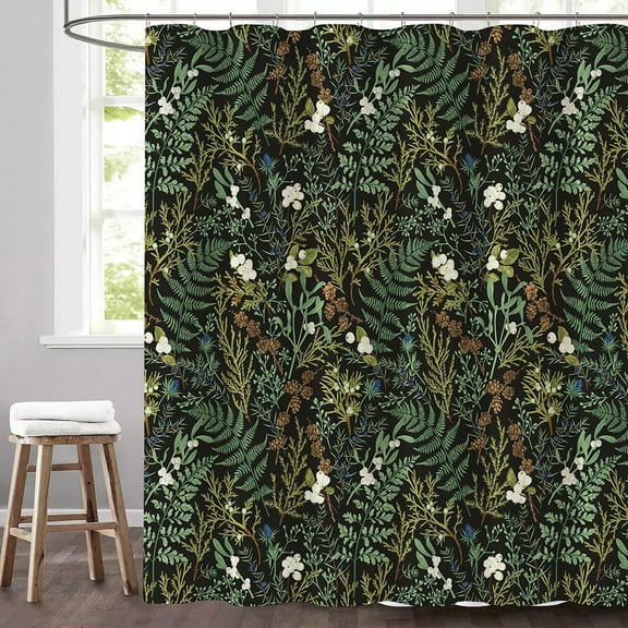 Black and Green Botanical Shower Curtain Vintage Floral Herbs and Plants Maximalist Bathroom Decor Curtain Dark Cottagecore Shower Curtain Sets Waterproof Polyester-72"W x 72"L (Pack of 1)