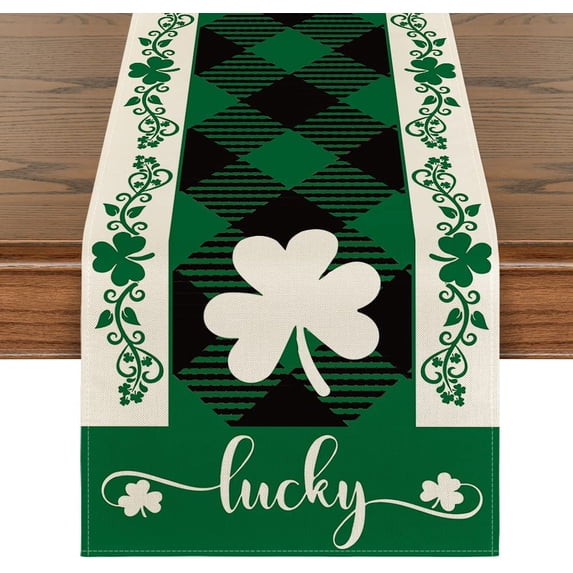 Black Green Buffalo Plaid Lucky Shamrock St. Patrick''s Day Table Runner, Seasonal Spring Holiday Kitchen Dining Table Decoration for Indoor Outdoor Home Party Decor 13 x 72 Inch