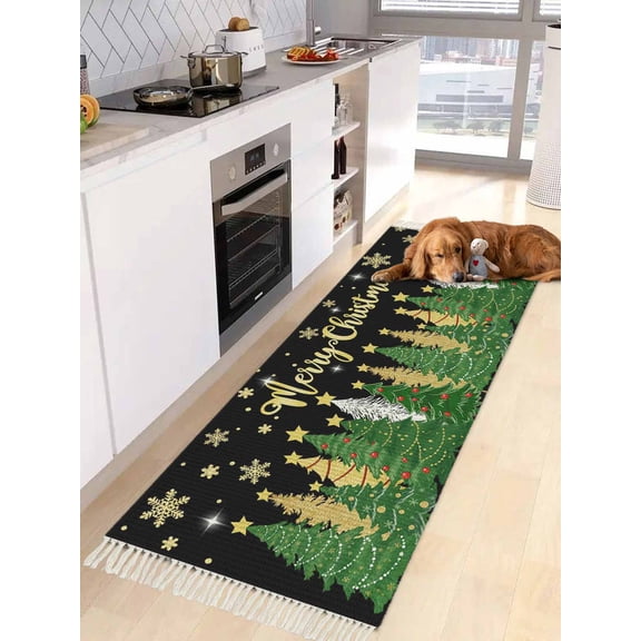 Black Green Christmas Kitchen Runner Rug 2x4 Bedside Rug with Tassel Cotton Woven Throw Rugs Washable Hallway Runner Rugs Xmas Tree Stars Snowflake Winter Floor Carpet for Bedroom Bathroom Living