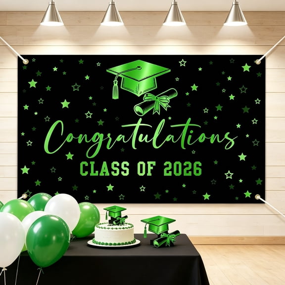 Black Green Class Of 2026 Graduation Backdrop Congrats Grad Polyester Photo Booth Banner Prom Night Graduation Party Wall Decor with Hanging Ribbon 71x43 in