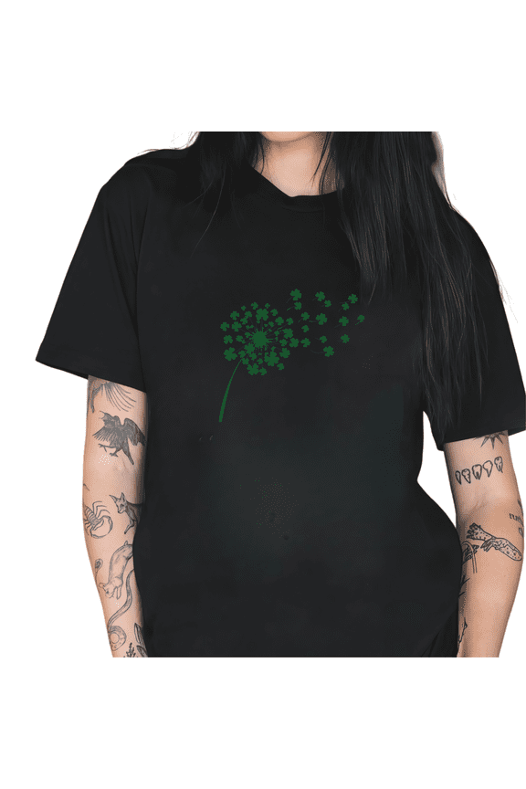 Black Green Clover Dandelion Print Tshirt St Patricks Day Graphic Tees Loose Fit Shirts Lucky Themed Festive Daily Casual Tops S-5XL