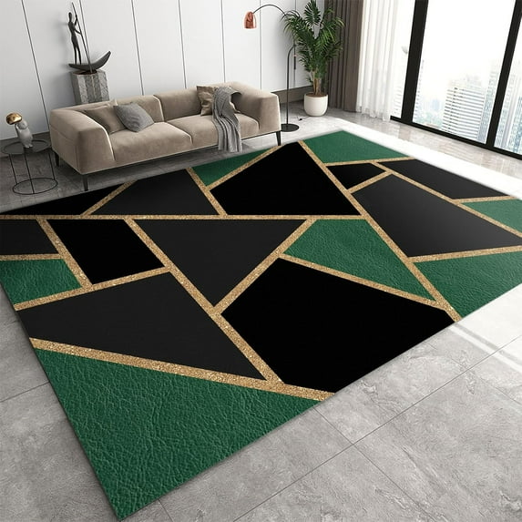 Black Green Geometry Area Rugs, Gold Stripes Luxury Carpet for Living Room, Washable Carpet Soft Non-slip Breathable Suitable for Bedroom Study Dining Room Office 3x4ft