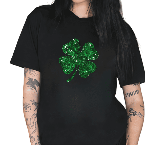 Black Green Glitter Clover Print Tshirt Graphic Tees Shirts St Patricks Day Casual Daily Wear Trendy Comfortable Tops S-5XL