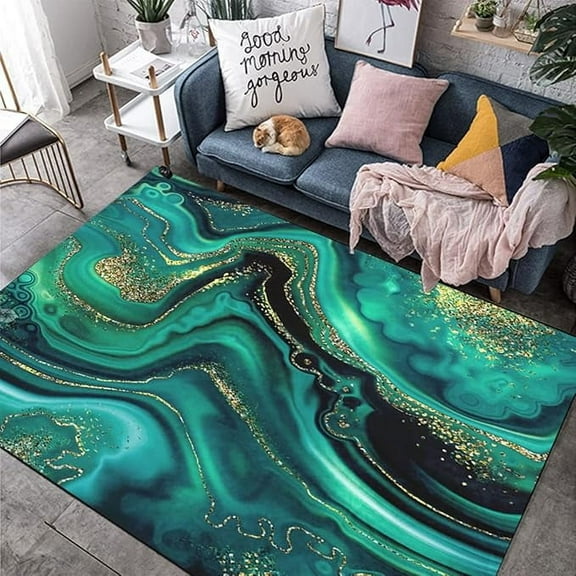 Black Green Gold Marble Swirl Abstract Modern Area Rug For Living Room Bedroom Lux Aesthetic Dining Room Carpet Art Deco Home Rugs Washable Soft Office Floor Cover Mats Rug 5 x 7ft