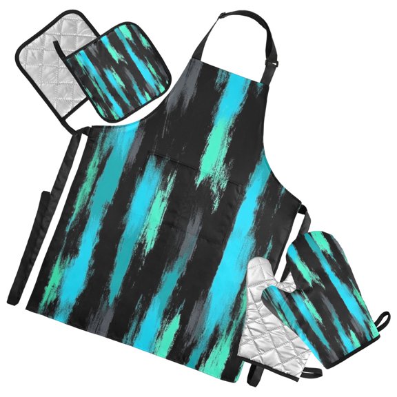 Black Green Graffiti Oven Mitts and Pot Holders with Chef Apron Set 5 Pcs Kitchen Cooking Set