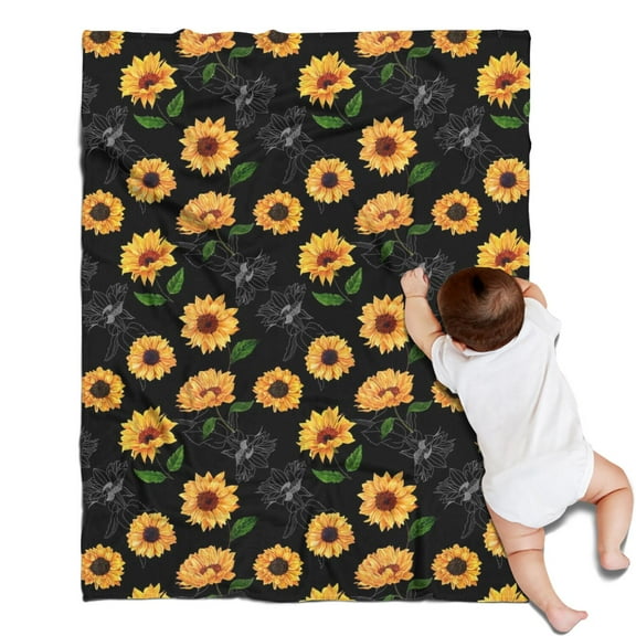 Black Green Leaf Sunflower Pattern Blanket,Comfortable Soft Flannel Throw Blanket,All Season,Warm Lightweight Blankets for Sofa Bed Couch Living Room Chair,30"x40"