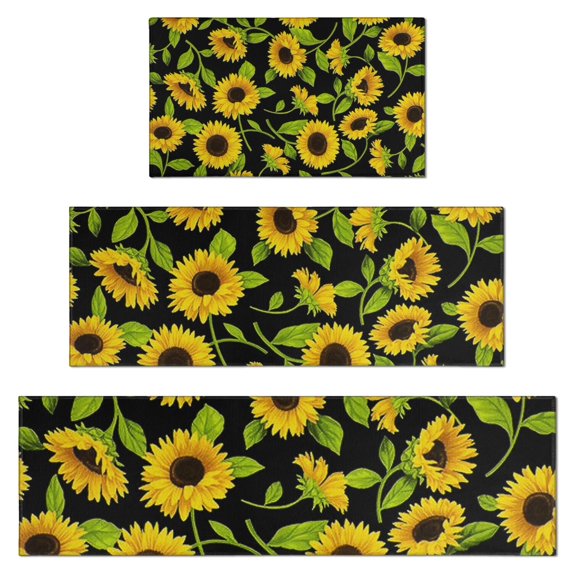 Black Green Leaf Sunflower Pattern Kitchen Rugs Sets Of 3,Kitchen Runner Rugs Non Skid Washable,Decorative Kitchen Floor Mats for Kitchen,Sink,Laundry,17"x30"+ 17"x47" + 17"x59"