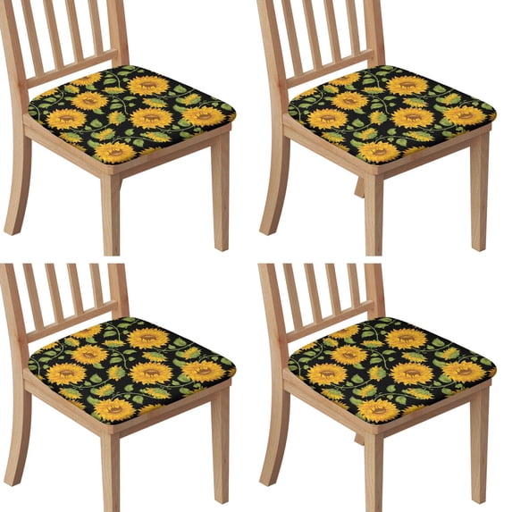 Black Green Leaf Sunflower Pattern Seat Covers for Dining Room Chairs Set Of 4,Stretch Printed Washable Chair Seat Cover with Elastic Ties and Button,Removable Waterproof Couch Cushion Covers
