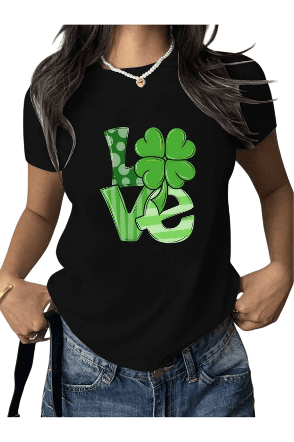 Black Green Love Clover Print Tshirt St Patricks Day Graphic Tees Relaxed Fit Shirts Lucky Themed Festive Daily Wear Tops S-5XL