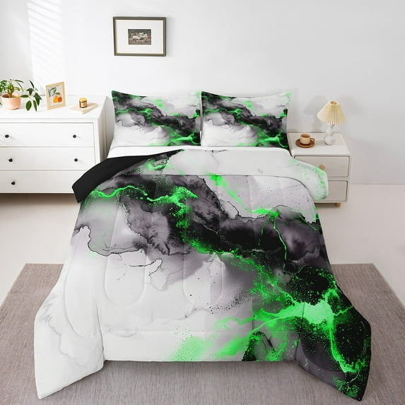 Black and Green Marble Bedding King Size Modern Marbling Comforter Set King, Mountain Fluid Duvet Insert Grey Aesthetic Quilt Set, Abstract Art Bedding Comforters & Sets Room Decor