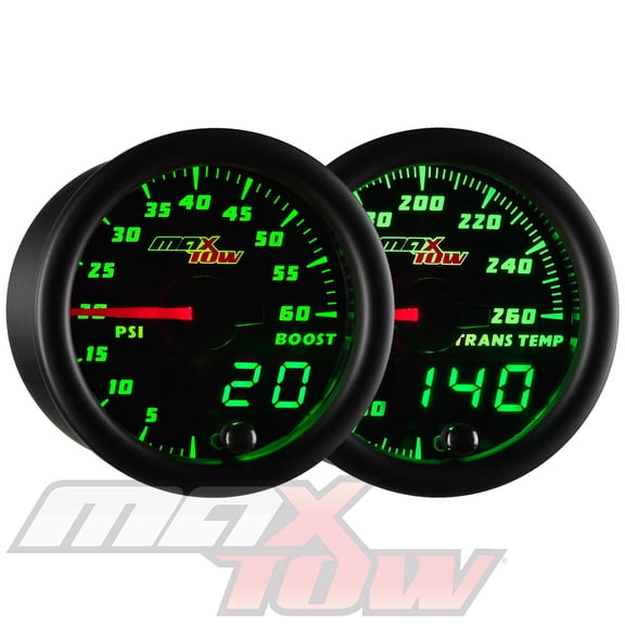 MaxTow | Black & Green Double Vision Series 2 Gauge Diesel Truck Set with 60 PSI Boost Gauge & Transmission Temperature Gauge