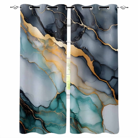 Black Green Ombre Blackout Curtains for Bedroom/Living Room, Thermal Insulated Kitchen Curtains, Modern Aesthetics Marble Abstract Grommet Darkening Window Treatment Drapes 42"x84"x2