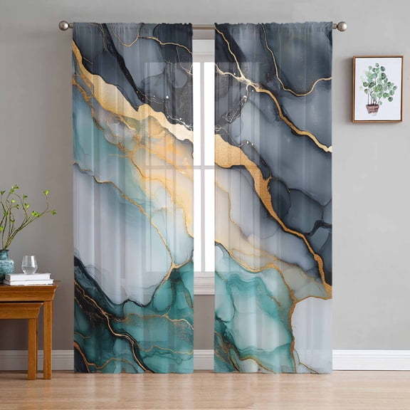 Black Green Ombre Sheer Curtains 63 Inch Length 2 Panels Set for Living Room/Bedroom, Modern Aesthetics Marble Abstract Semi Curtain Sheers Drapes Rod Pocket Curtains Window Treatment Set 52''x63''x2