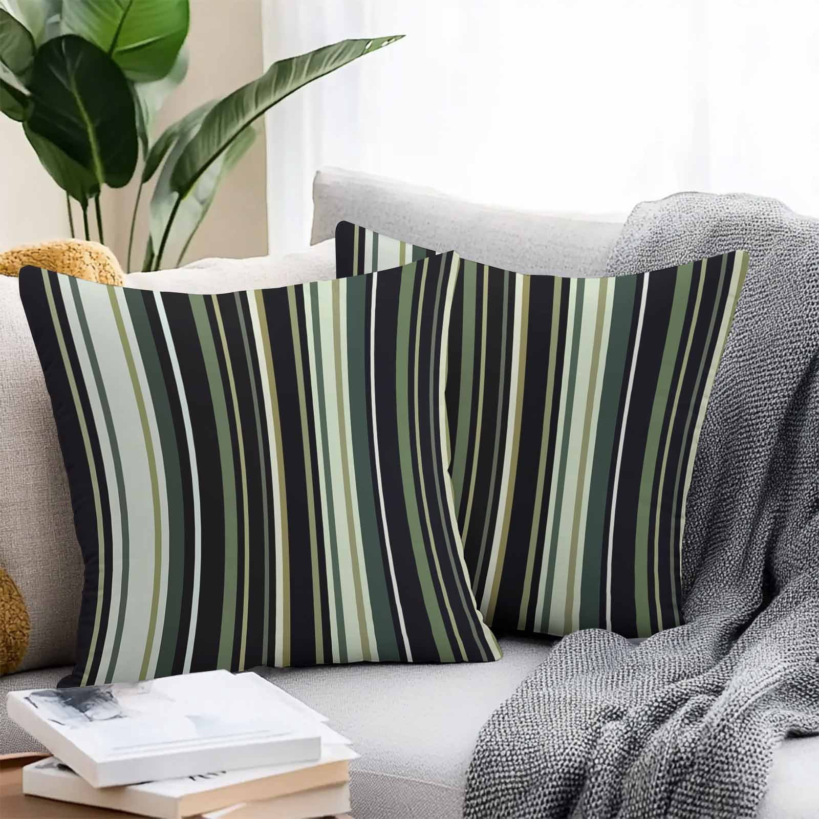 Black Green Outdoor Pillow Covers Set of 2 Stripe Waterproof Throw Pillow Case Decorative Square Cushion Cover for Patio Couch Garden Balcony, 18"x18"