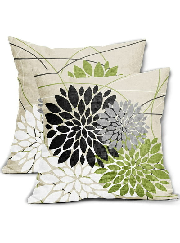 Black Green Pillow Covers 18x18 Inch Dahlia Flower White Gray Elegant Colored Throw Pillows Farmhouse Outdoor Decor for Home Living Room Sofa Bed Modern Floral Linen Square Cushion Case, Set of 2