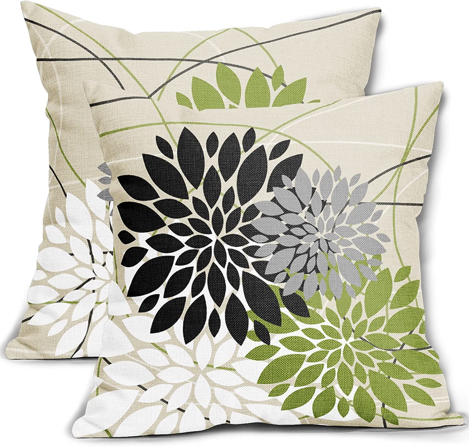 Black Green Pillow Covers 20x20 Inch Dahlia Flower Decorative Throw Pillows Modern Geometry Floral Outdoor Farmhouse Pillowcase Linen Square Cushion Case Decor for Home Sofa Couch Bed, Set of 2