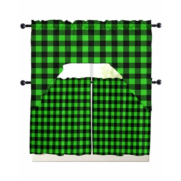 Black Green Plaid Kitchen Curtains Sets 24 Inch Length with Valance, Modern Buffalo Checked Gingham Art Swag Valances and Tiers Curtain Set Drapes Swag Curtains for Living Room, Bathroom, Bedroom