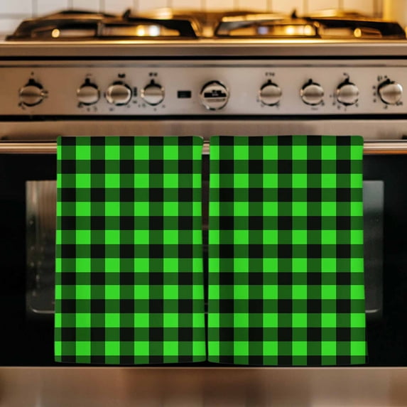 Black Green Plaid Kitchen Towels Set of 1, Modern Buffalo Checked Gingham Art Absorbent Dish Towels for Kitchen, Microfiber Hand Towel, Quick Drying Tea Towel for Cleaning Decorative Dishcloths