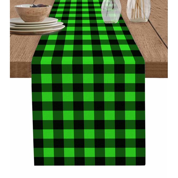 Black Green Plaid Table Runner 48 Inches, Modern Buffalo Checked Gingham Art Bed Runner Dresser Scarves Tabletop for Indoor Outdoor Parties/Ceremony/Banquet, 13" x 48"
