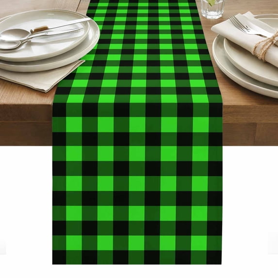 Black Green Plaid Table Runner - 70 Inch Long, Kitchen Dining Table Runner Dresser Scarves, Modern Buffalo Checked Gingham Art Farmhouse Decor for Coffee Tables Wedding Party Banquet