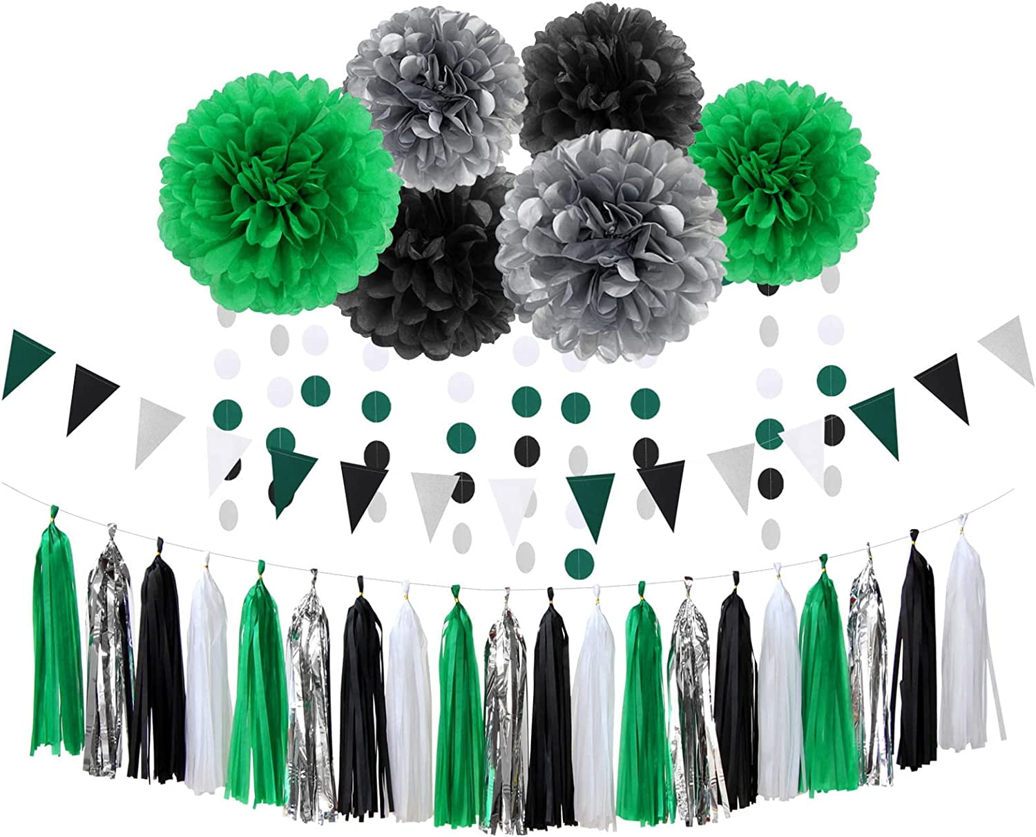 Black Green Silver Football Party-Decorations - 30pcs Soccer Graduation Streamers,Tissue Pom Poms,Tassel Garland Backdrop Men Boys Birthday Spring Sunmer Bunting Jungle theme Banner