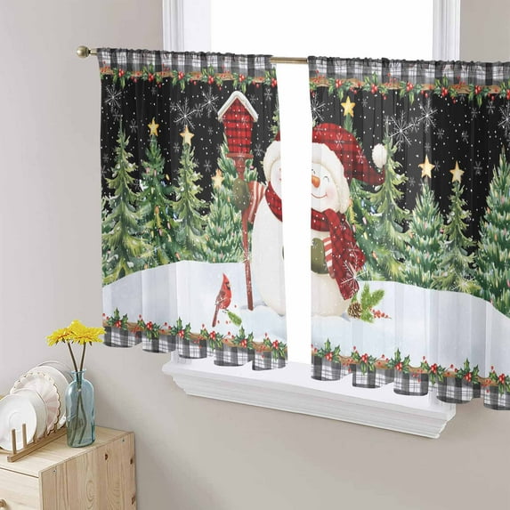 Black Green Snowman Christmas Sheer Curtains 45 Inches Long, Xmas Tree Snowflake Winter Light Filtering Window Curtains for Living Room, Rod Pocket Voile Sheer Curtain Drapes, 52"Wx45"L, 2 Panels