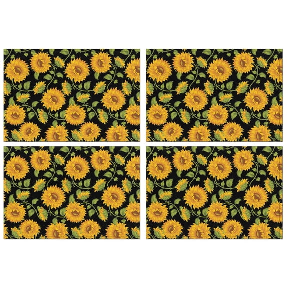 Black Green Stem Sunflower Pattern Summer Placemats Table Placemats Set Of 4-Linen Kitchen Washable Placemats Table Mats 11.8"x17.7" Non-Slip Heat Resistant