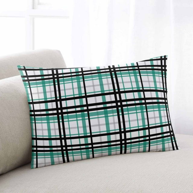 Black Green Throw Pillow Cover, Contemporary Check Gray Stripes Line
