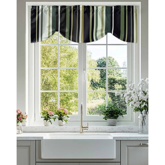 Black Green Tie Up Valances Curtain, Adjustable Kitchen Stripe Valances for Windows Decor, Rod Pocket Short Curtains Set for Bedroom/Bathroom, 42"x12"