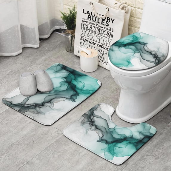 Black Green Translucent Marble Pattern Bathroom Rugs Sets 3 Piece,Toilet Cover Set,Absorbent Non Slip Bathroom Mats Sets with U-Shaped Contour Rug Toilet Rug Set