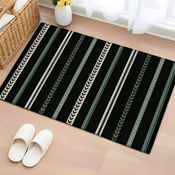 Black Green White Bathroom Rug Washable 2x3 Entryway Rug Non Slip Boho Vintage Abstract Striped Lines Front Door Mat Low Pile Indoor Doormat Throw Floor Carpet for Kitchen Bedroom Entrance